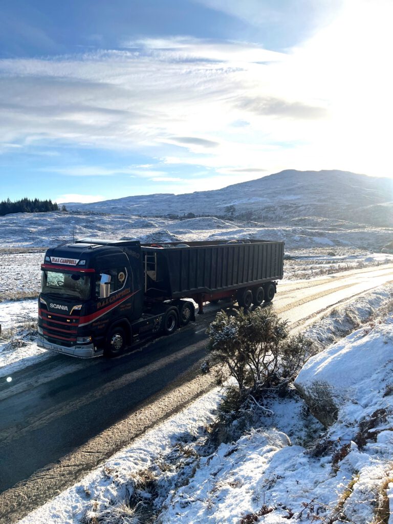 D&J Campbell Scania R650 with bulk tipper trailer on a snowy road